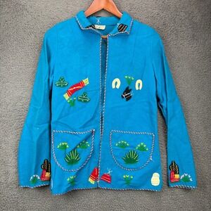 Vintage Lopez Mexican Souvenir Jacket Blue Wool Hand Embroidered Medium Womens